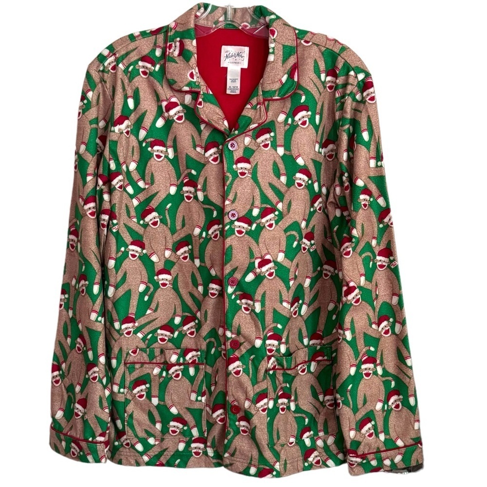 Nick & Nora Size XL (16-18) Christmas Sock Monkeys Flannel Button Up Pajama Top